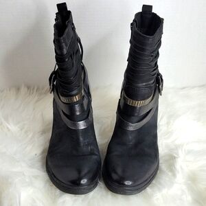 MJUS Black Leather Buckle Block Heel Boot Size 41/10‎